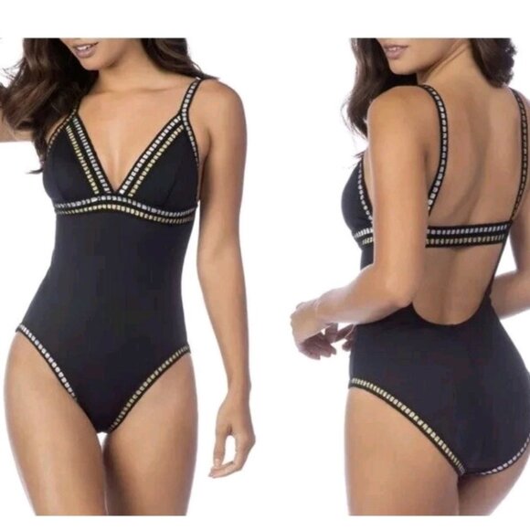 LA BLANCA | Threaded Along Mio One Piece Swimsuit Black LB7BT24 Silver Gold Sz S - Picture 1 of 5